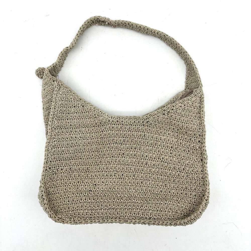 Vintage 00s Giannini Beige Crocheted Zip Mini Boho Clutch Purse 7.5x5"